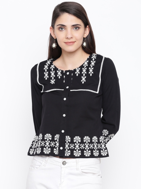 

DODO & MOA Women Black & White Embroidered A-Line Top