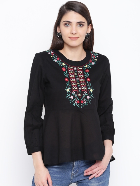 

DODO & MOA Women Black Embroidered Peplum Top