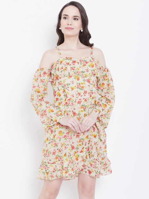 

DODO & MOA Women Beige & Yellow Printed Cold-Shoulder Wrap Dress