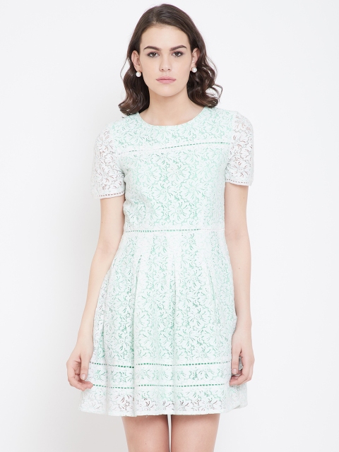 

DODO & MOA Women White & Sea Green Lace Fit & Flare Dress
