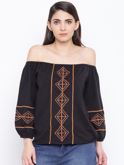

DODO & MOA Women Black & Rust Brown Embroidered Bardot Pure Cotton Top