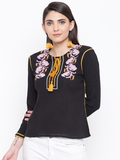 

DODO & MOA Women Black Embroidered Pure Cotton Top