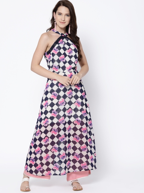

DODO & MOA Women White & Navy Blue Checked A-Line Kurta