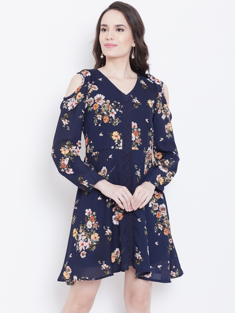 

DODO & MOA Women Navy Blue & Peach-Coloured Printed Cold-Shoulder A-Line Dress