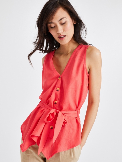 

promod Women Coral Pink Solid Cinched Waist Top