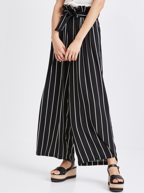 

promod Women Black & White Striped Wide Leg Palazzos