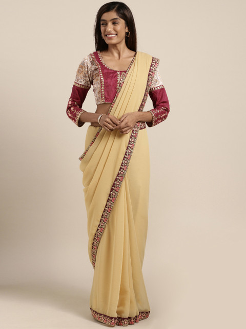 

Indian Women Beige Solid Pure Chiffon Saree