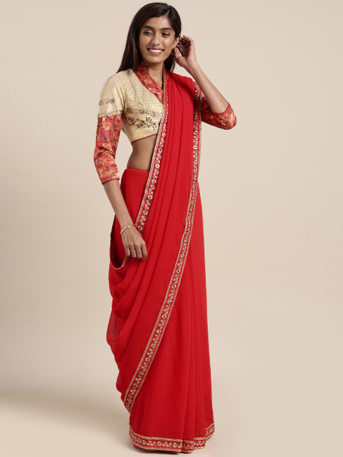 

Indian Women Red Embellished Pure Chiffon Designer Saree