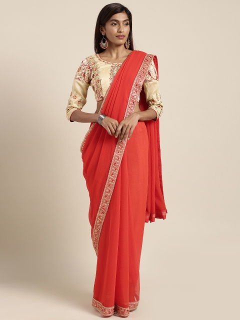 

Indian Women Orange Solid Pure Chiffon Saree