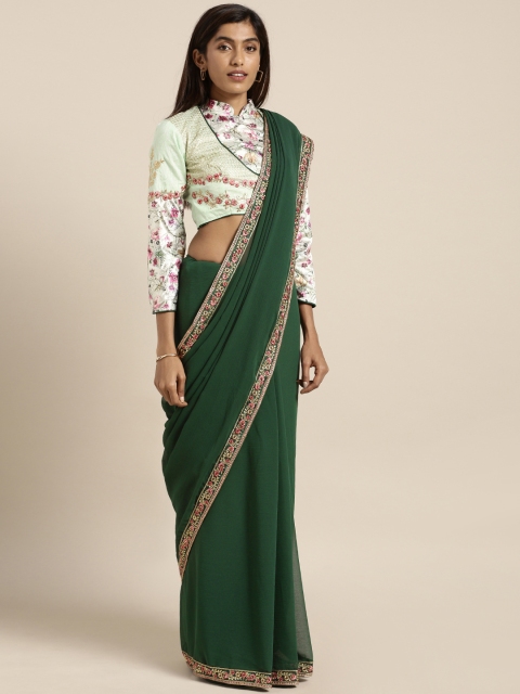 

Indian Women Green Solid Pure Chiffon Saree