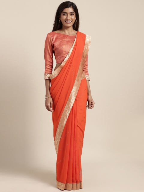 

Indian Women Orange Embellished Pure Chiffon Designer Saree