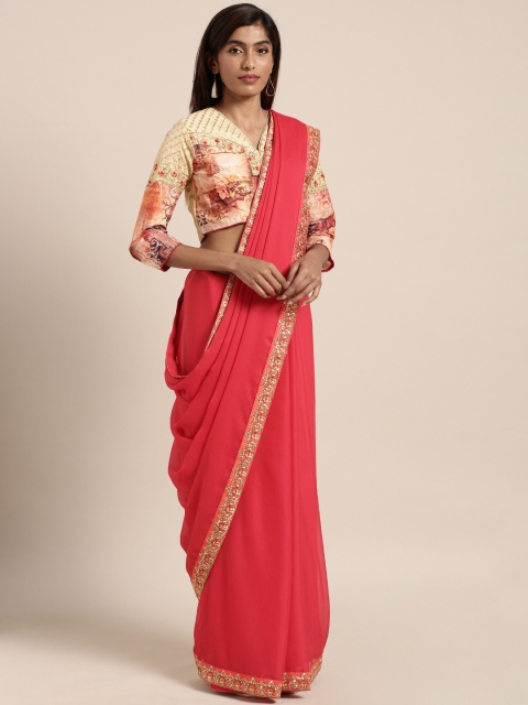 

Indian Women Red Embellished Border Pure Chiffon Saree