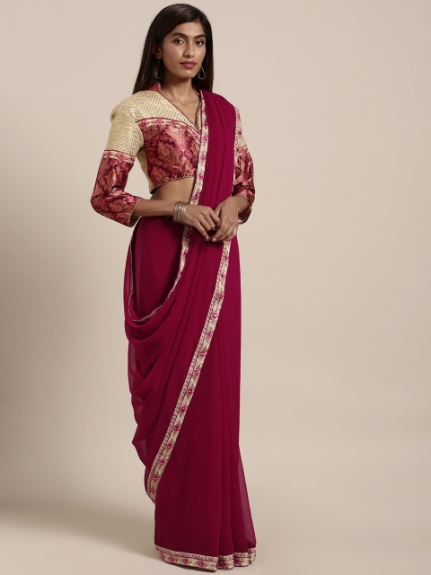 

Indian Women Maroon Solid Pure Chiffon Saree