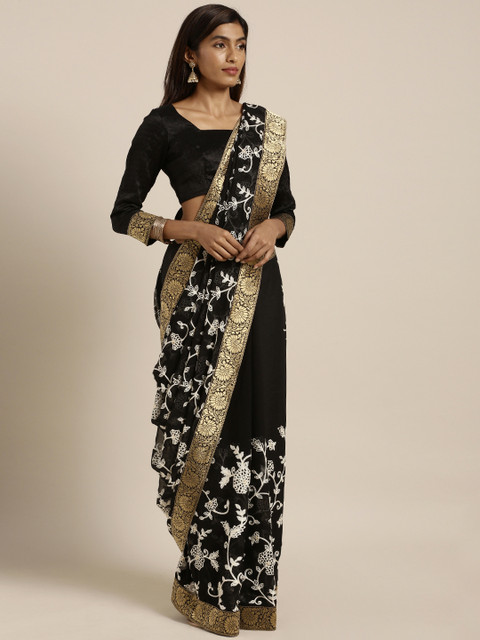 

Indian Women Black Pure Chiffon Embroidered Saree