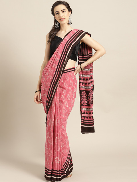 

Geroo Jaipur Pink & Off-White Printed Handloom Saree