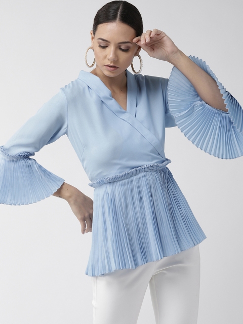 

plusS Women Blue Solid Accordion Pleats Wrap Top