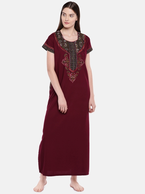

Sand Dune Maroon Embroidered Nightdress