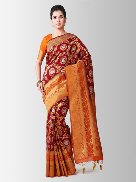 

MIMOSA Maroon & Orange Art Silk Printed Kanjeevaram Saree