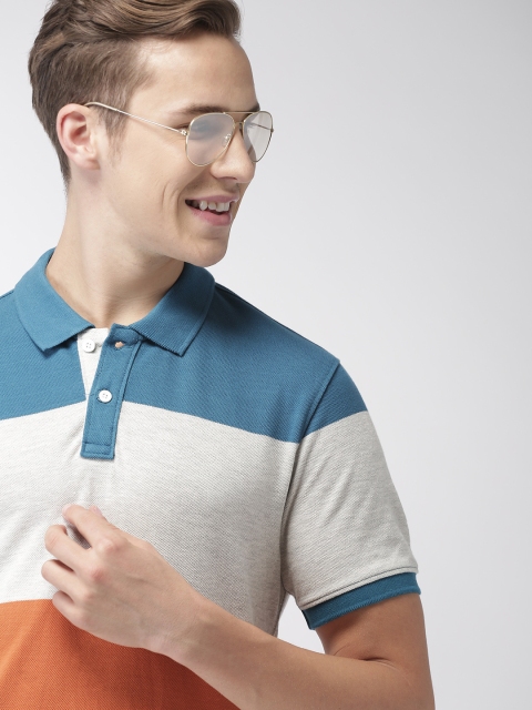 

Mast Harbour Men Orange Blue Colourblocked Polo Collar Pure Cotton T-shirt