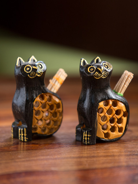 

ExclusiveLane Black & Tan 2-Pieces Solid Wood Toothpick Hand Carved & Hand Painted Holder