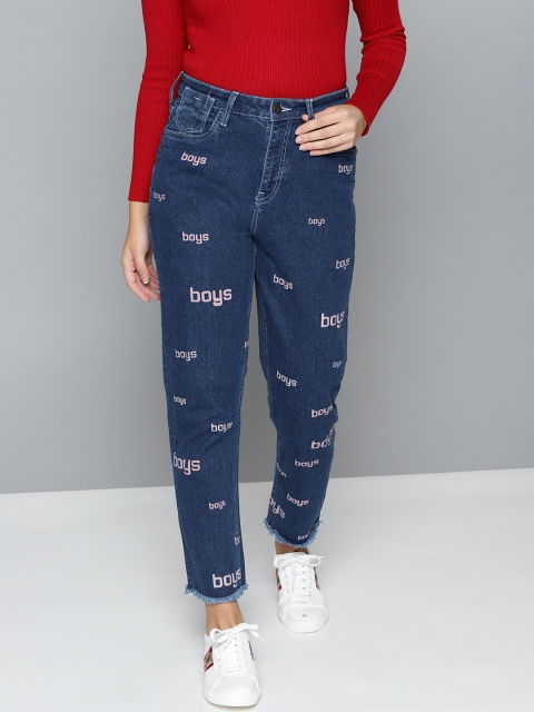 

Kook N Keech Women Navy Blue Printed Boyfriend Fit Mid-Rise Clean Look Jeans