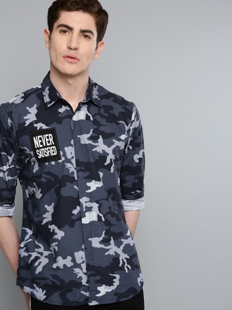 

Kook N Keech Men Navy Blue & Grey Regular Fit Camouflage Print Casual Shirt