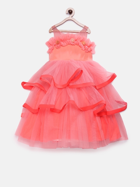 

Pink Cow Girls Peach-Coloured Self Design Fit and Flare Dress