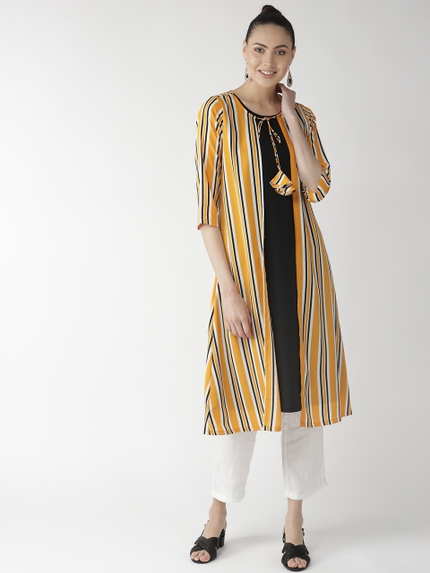 

plusS Women Yellow & Black Striped A-Line Layered Kurta