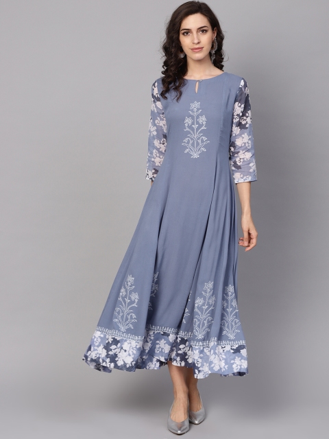 

PINKSKY Women Blue & White Printed Mid A-Line Dress
