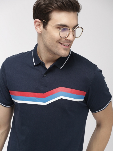 

Mast Harbour Men Navy Blue Striped Polo Collar Pure Cotton T-shirt