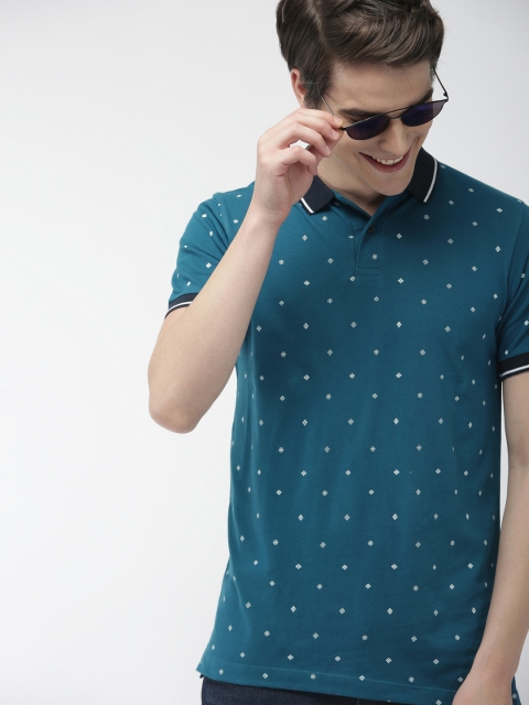 

Mast Harbour Men Blue Printed Polo Collar Pure Cotton T-shirt
