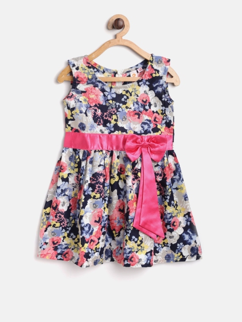 

Kids On Board Girls Navy & Pink Printed Fit & Flare Dress, Navy blue