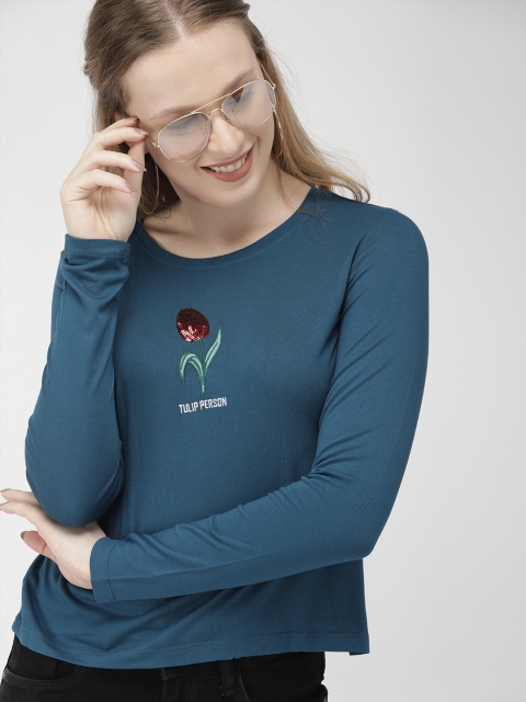 

Mast & Harbour Women Teal Blue Solid Round Neck T-shirt