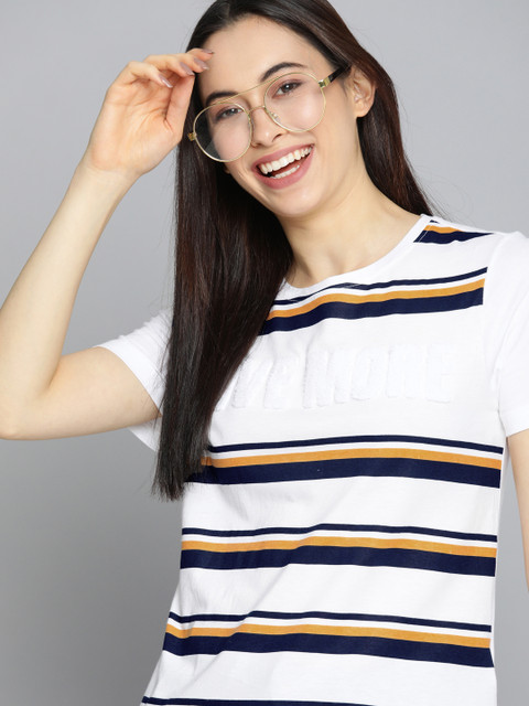 

Mast & Harbour Women White & Navy Blue Striped Applique T-shirt