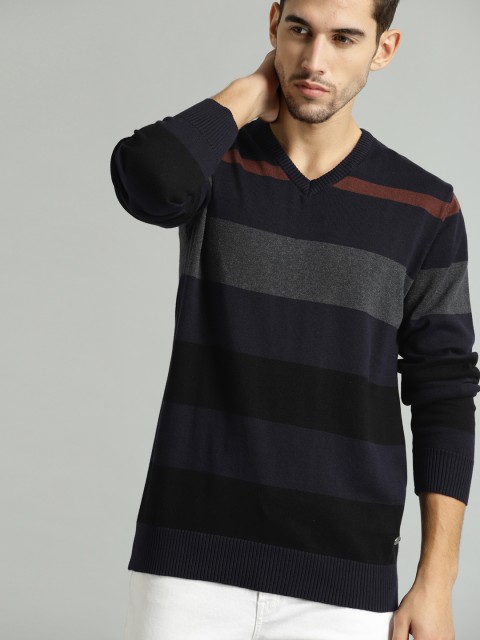 

Roadster Men Navy Blue & Black Striped Sweater