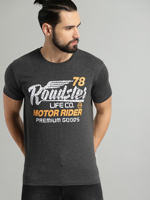 

Roadster Men Charcoal Grey & White Printed Round Neck T-shirt