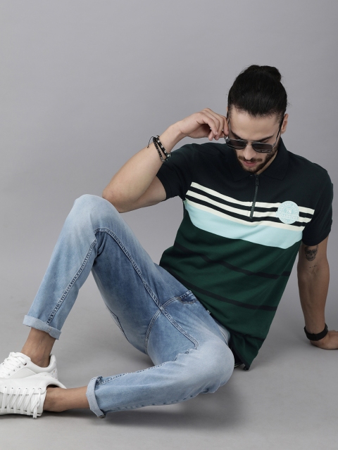 

Roadster Men Navy Blue Green Striped Polo Collar Pure Cotton T-shirt