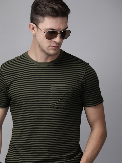 

Roadster Men Olive & Black Green Striped Round Neck T-shirt