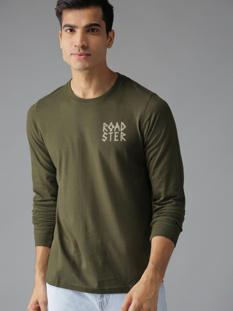 

Roadster Men Olive Green Printed Back Round Neck T-shirt