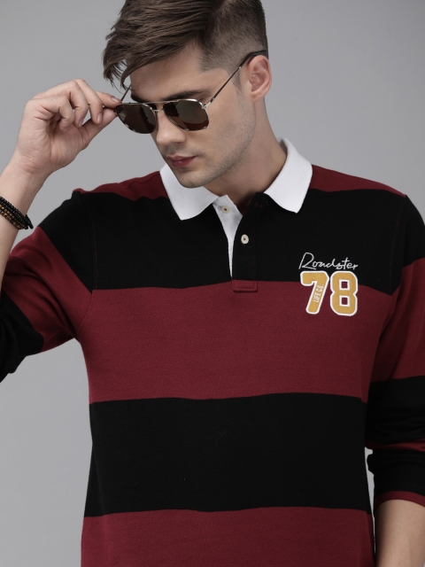 

The Roadster Lifestyle Co Men Maroon Black Striped Polo Collar Pure Cotton T-shirt
