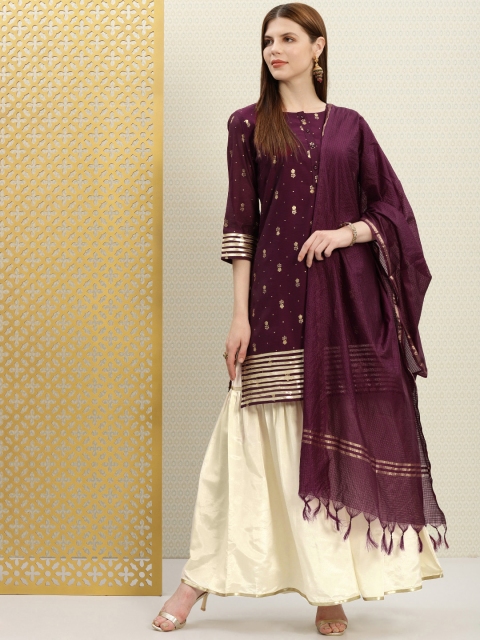 

House of Pataudi Women Purple & Off White Printed Kurta with Sharara & Dupatta