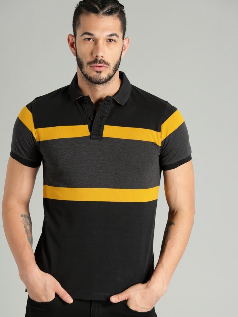 

Roadster Men Black & Yellow Striped Polo Collar T-shirt