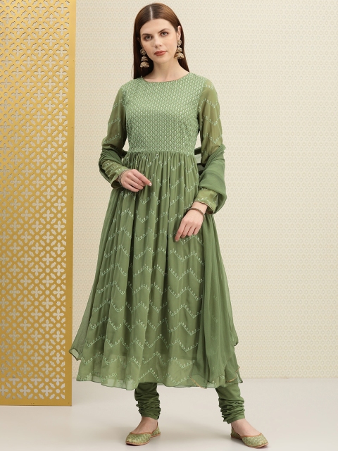 

House of Pataudi Women Green Embroidered Kurta with Churidar & Dupatta