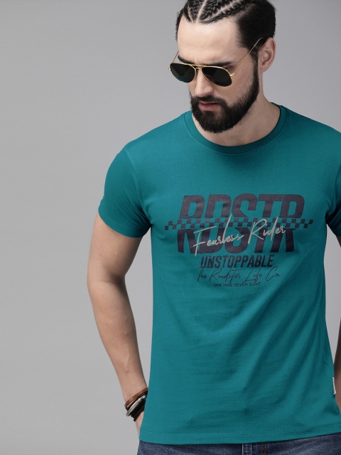 

The Roadster Lifestyle Co Men Teal Blue Brand Carrier Graphic Printed Round Neck Pure Cotton T-shirt