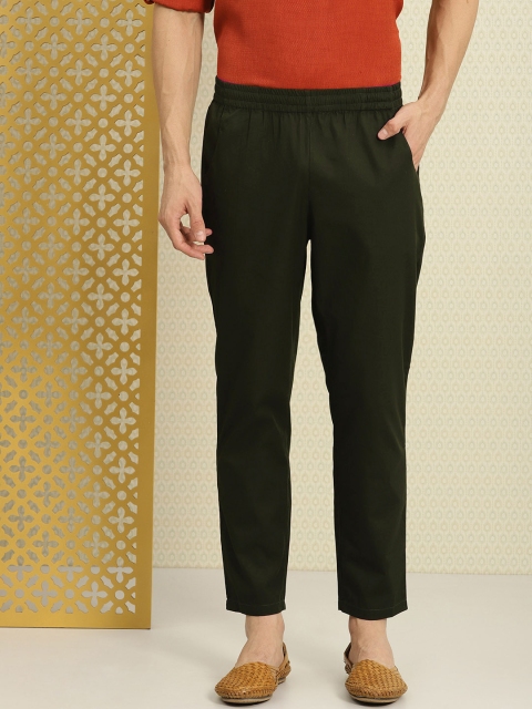 

House of Pataudi Men Olive Green Regular Fit Solid Elasticated Waist Trousers