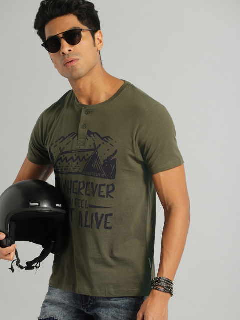 

Roadster Men Olive Green & Black Printed Henley Neck T-shirt