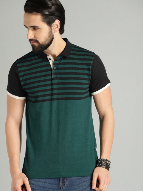 

Roadster Men Green & Black Striped Polo Collar T-shirt