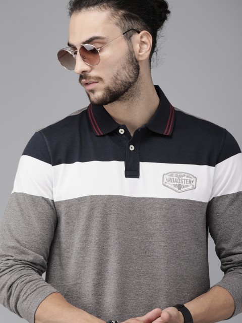 

Roadster Men Navy Blue & Grey Colourblocked Polo Collar T-shirt