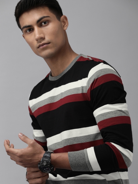 

Roadster Men Black Striped Round Neck T-shirt