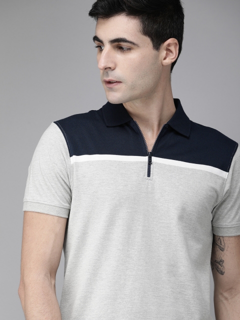 

Roadster Men Grey & Navy Blue Colourblocked Polo Collar T-shirt